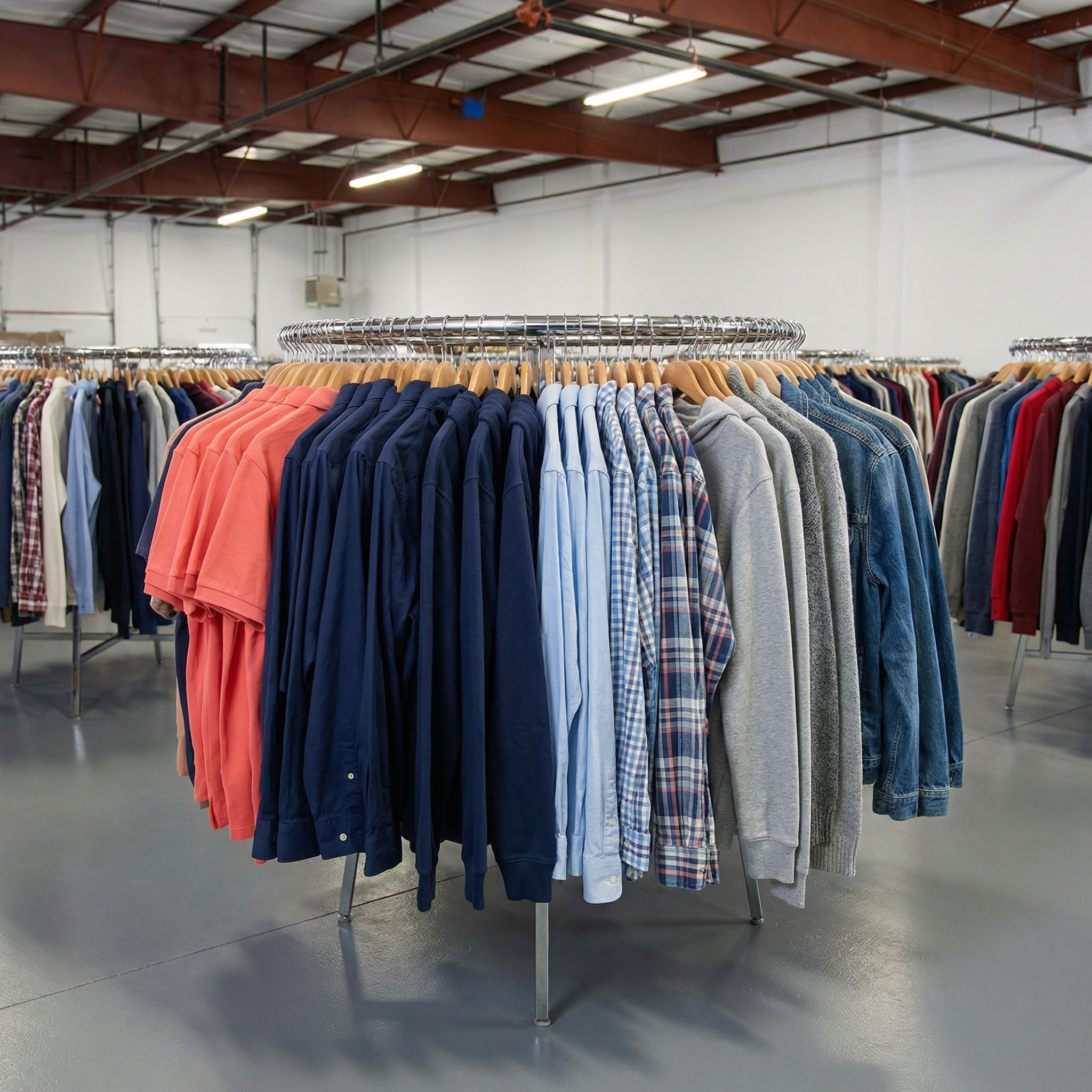 Round clothing rack with hanging garments