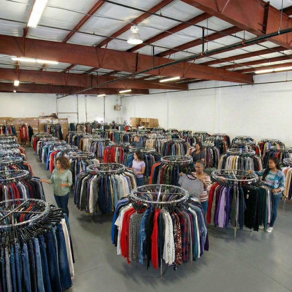Warehouse floor with clothing racks