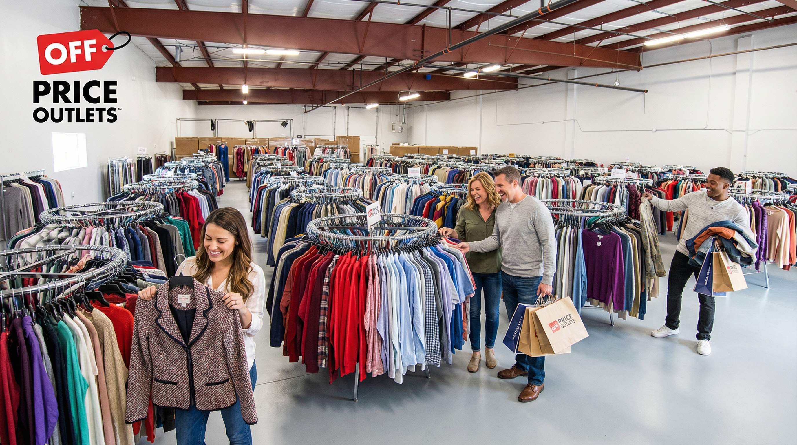 Off Price Outlets warehouse interior with shoppers