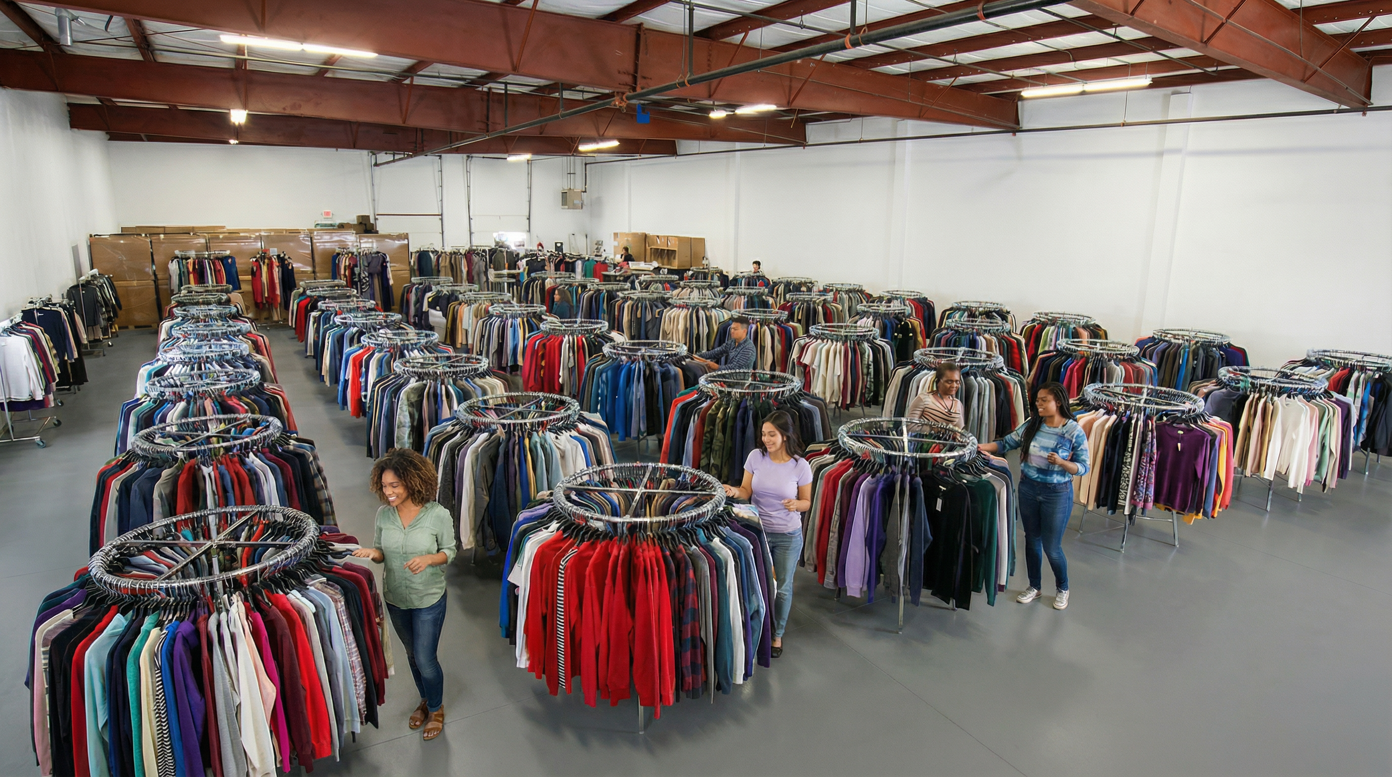 Off Price Outlets warehouse interior, shoppers browsing
